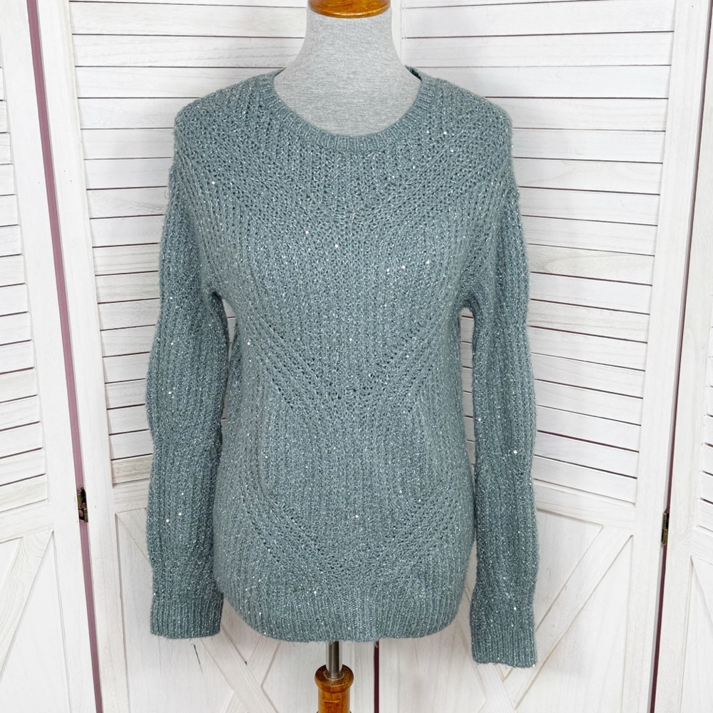 Nine West Scalloped Sleeve‎ Sequin Shimmer Sweater Sage Green Silver XS